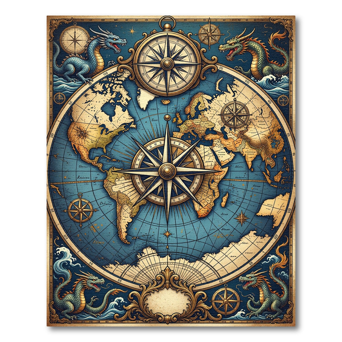 Vintage Dragon World Map Compass Rose Rug