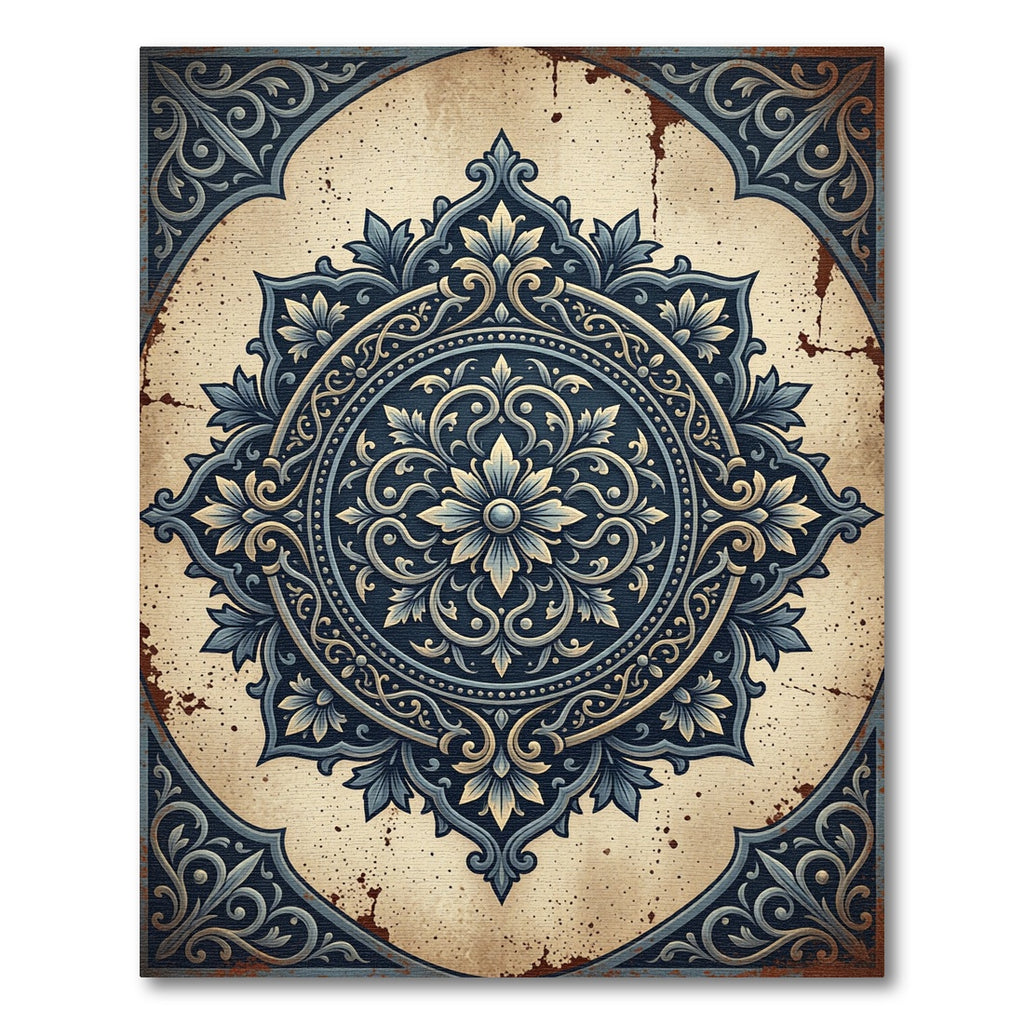 Ornate Indigo Floral Medallion Rug