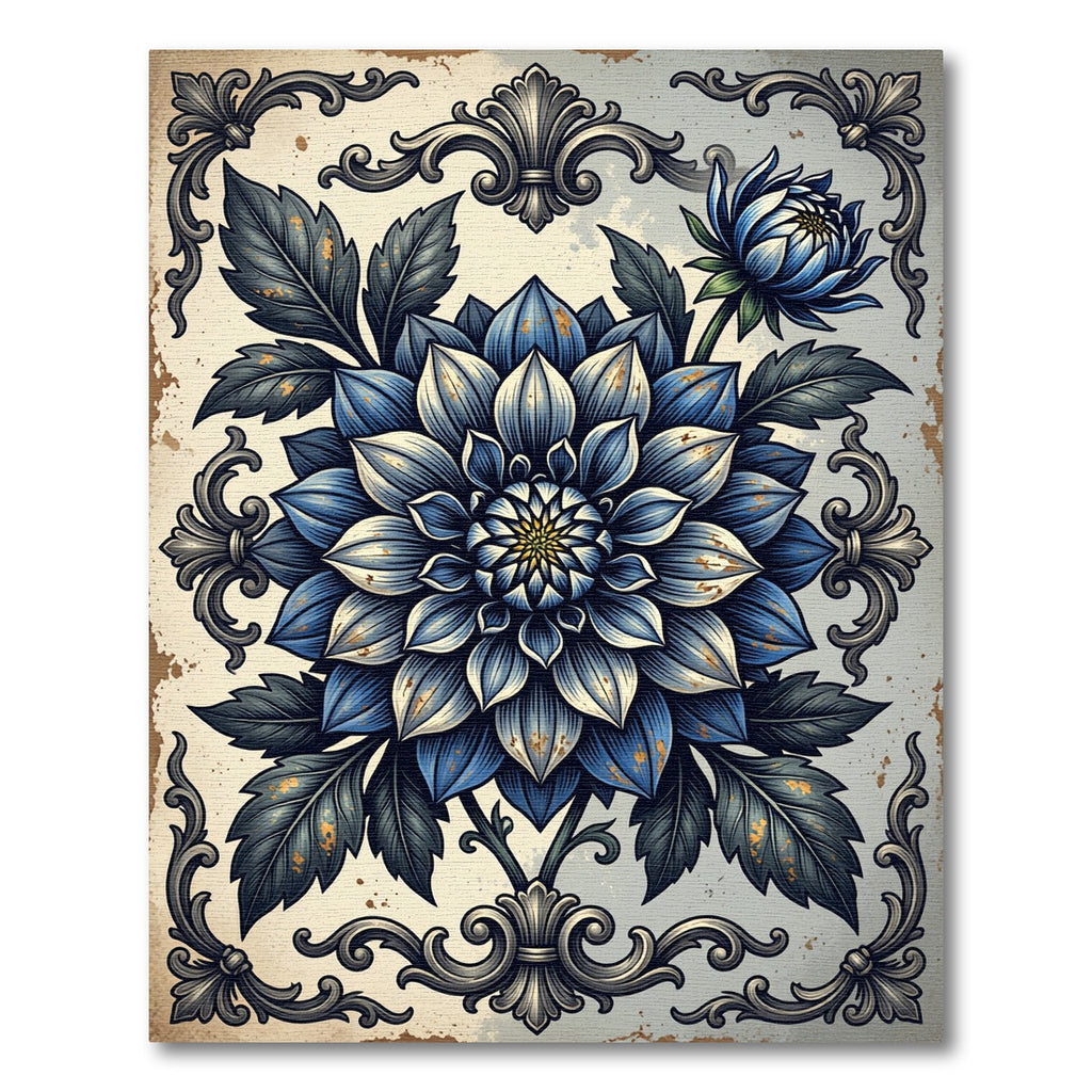 Antique Blue Dahlia Baroque Flourish Rug