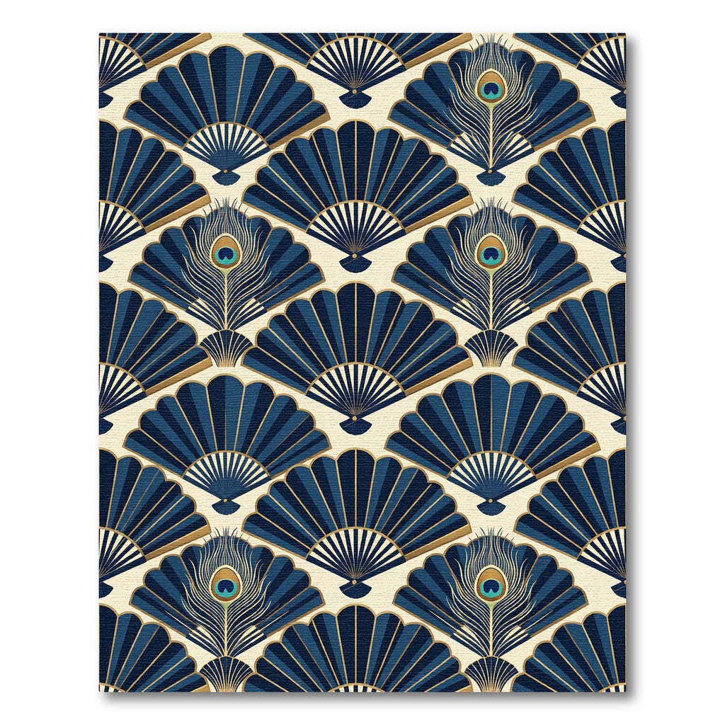 Art Deco Peacock Fan Navy Wallpaper Rug