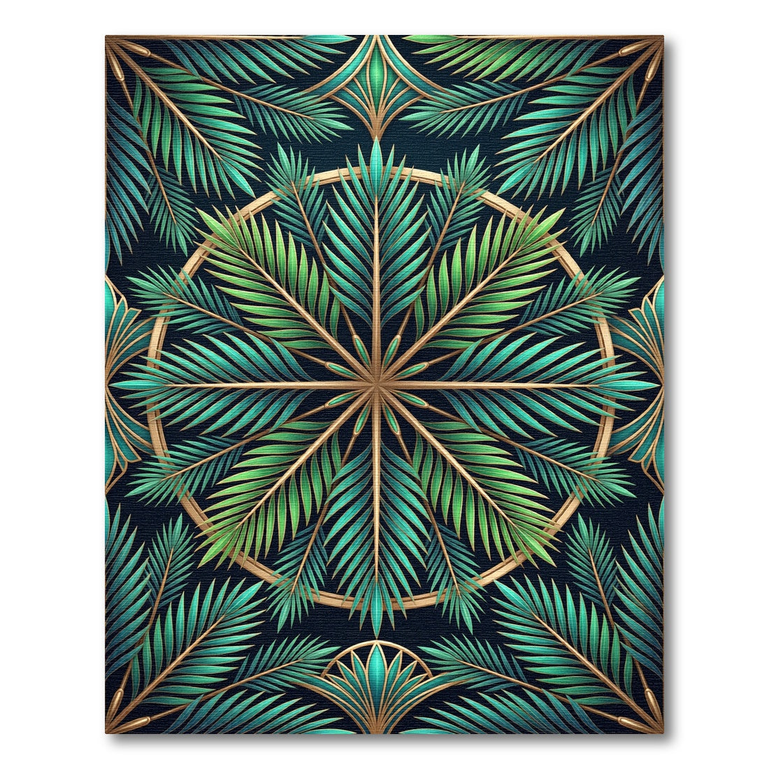 Art Deco Emerald Palm Frond Circle Rug