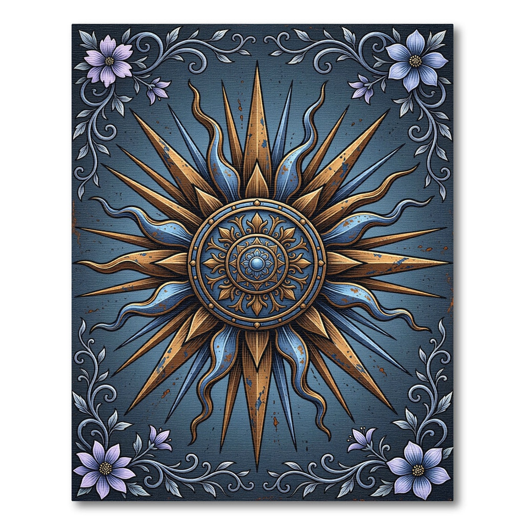 Gilded Celestial Sun Medallion Floral Rug