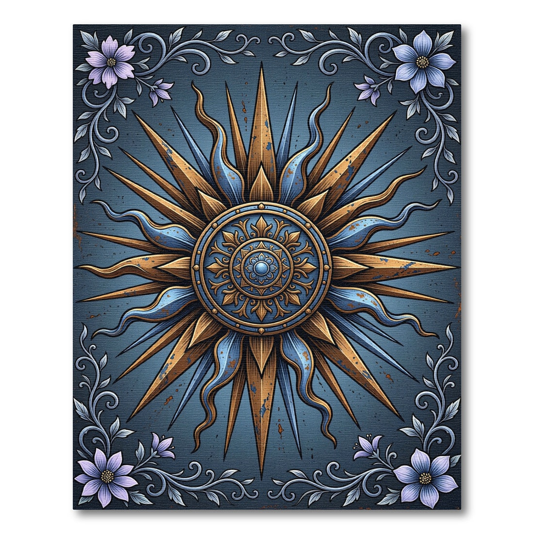 Gilded Celestial Sun Medallion Floral Rug