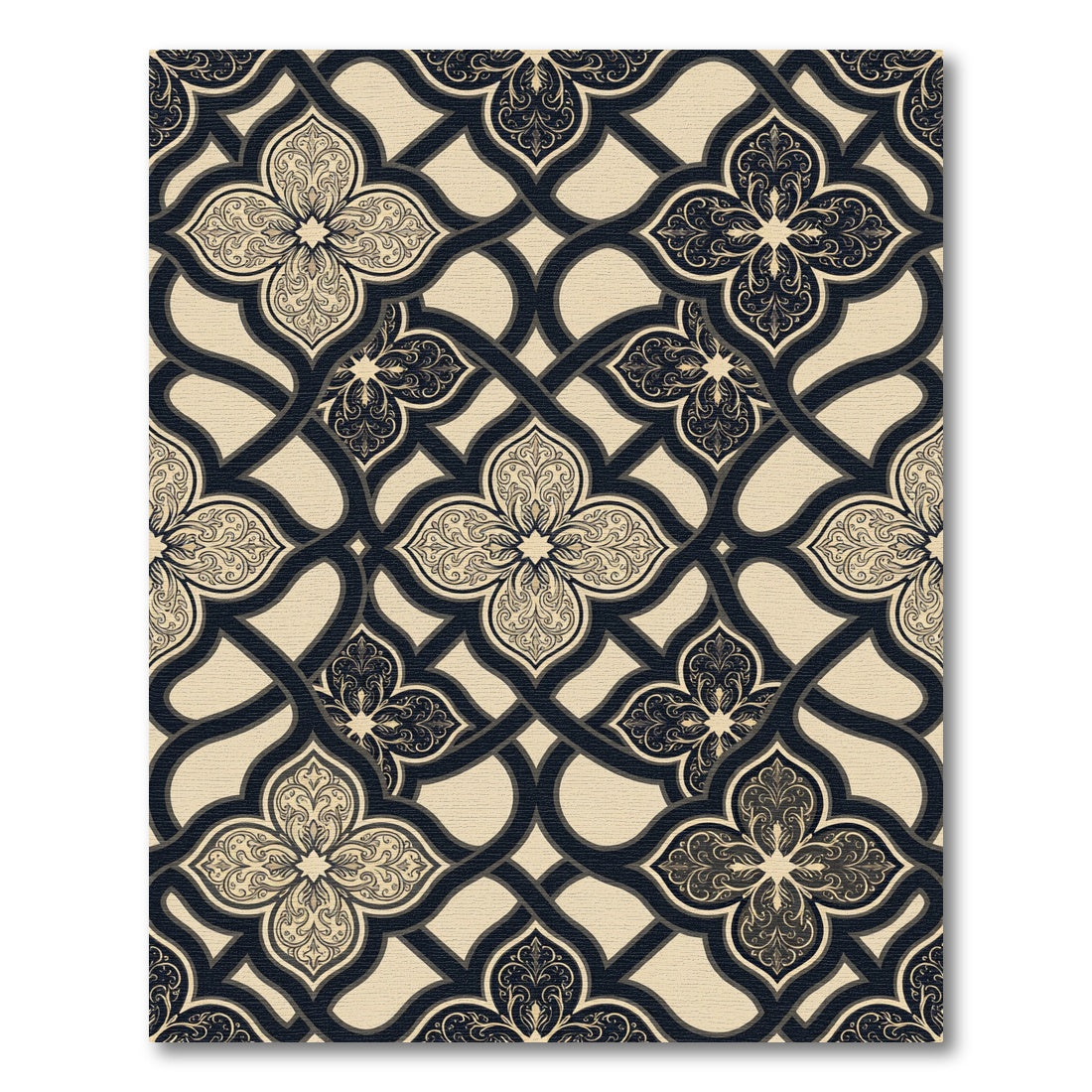 Elegant Black and Cream Filigree Trellis Rug
