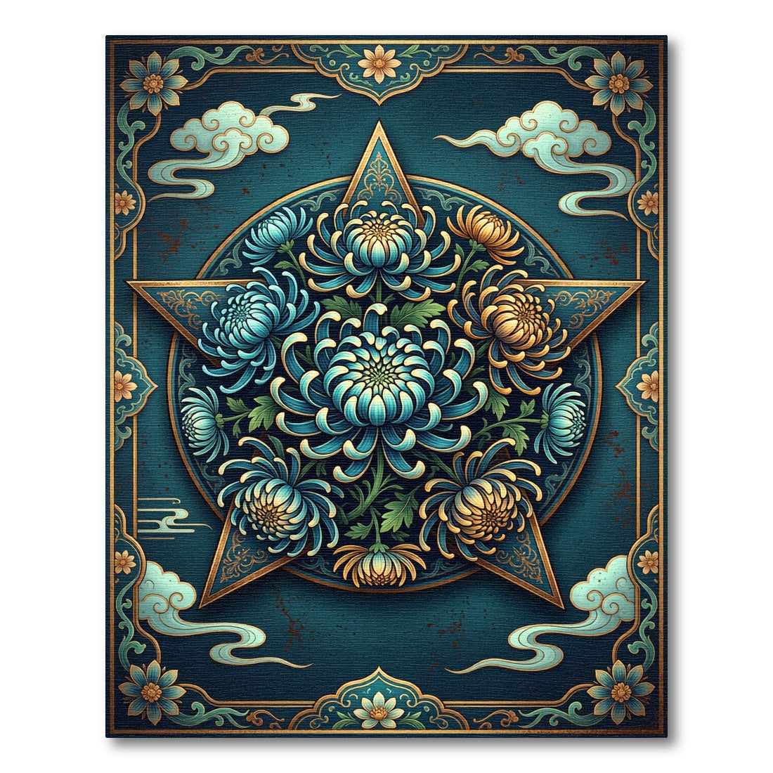 Celestial Blue Chrysanthemum Star Arrangement Rug
