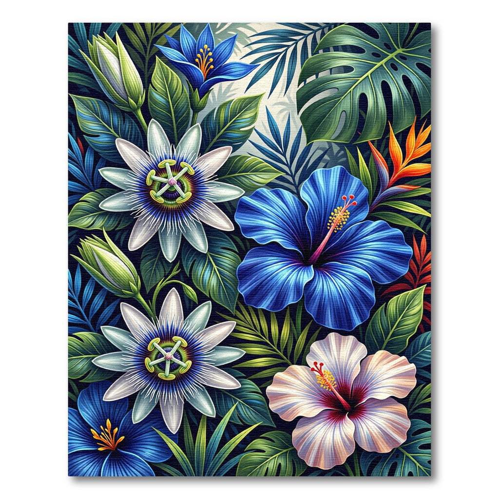 Vibrant Blue White Tropical Flower Medley Rug