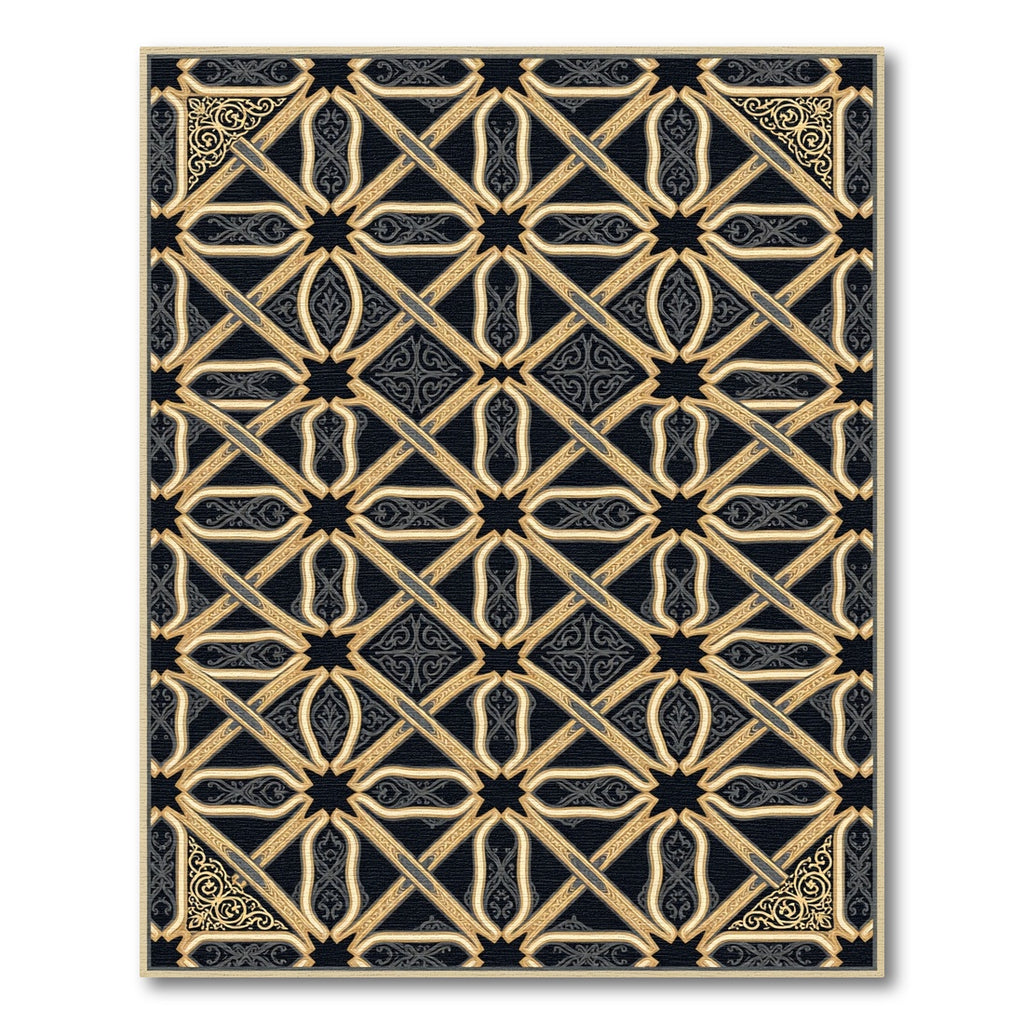 Golden Black Interlocking Geometric Lattice Rug