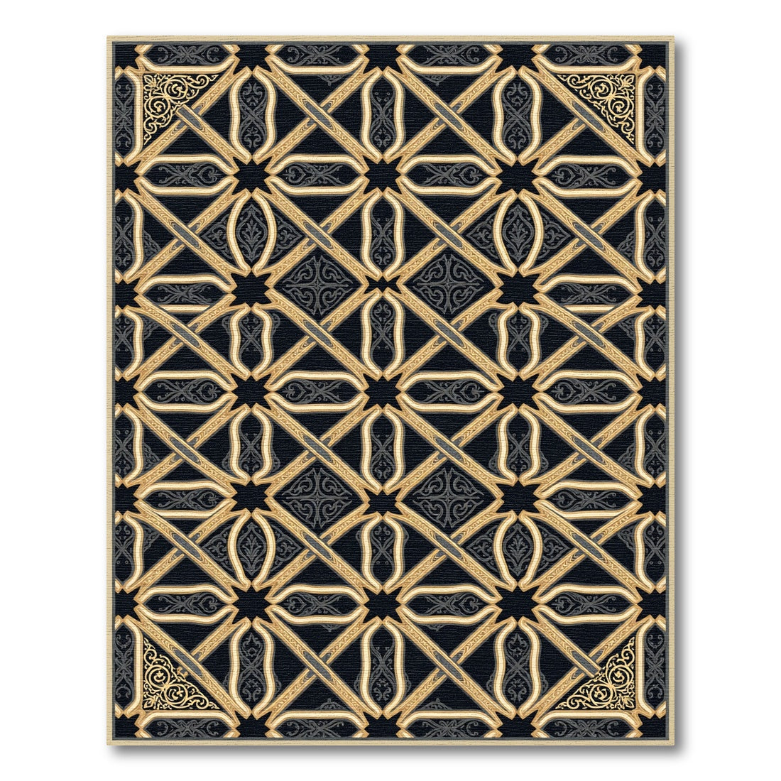 Golden Black Interlocking Geometric Lattice Rug