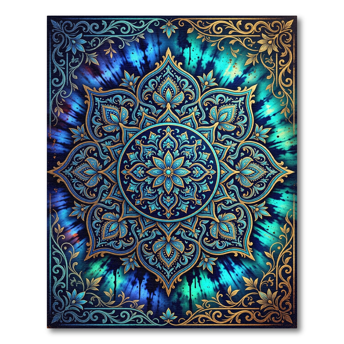 Deep Blue Teal Mandala Gold Frame Rug