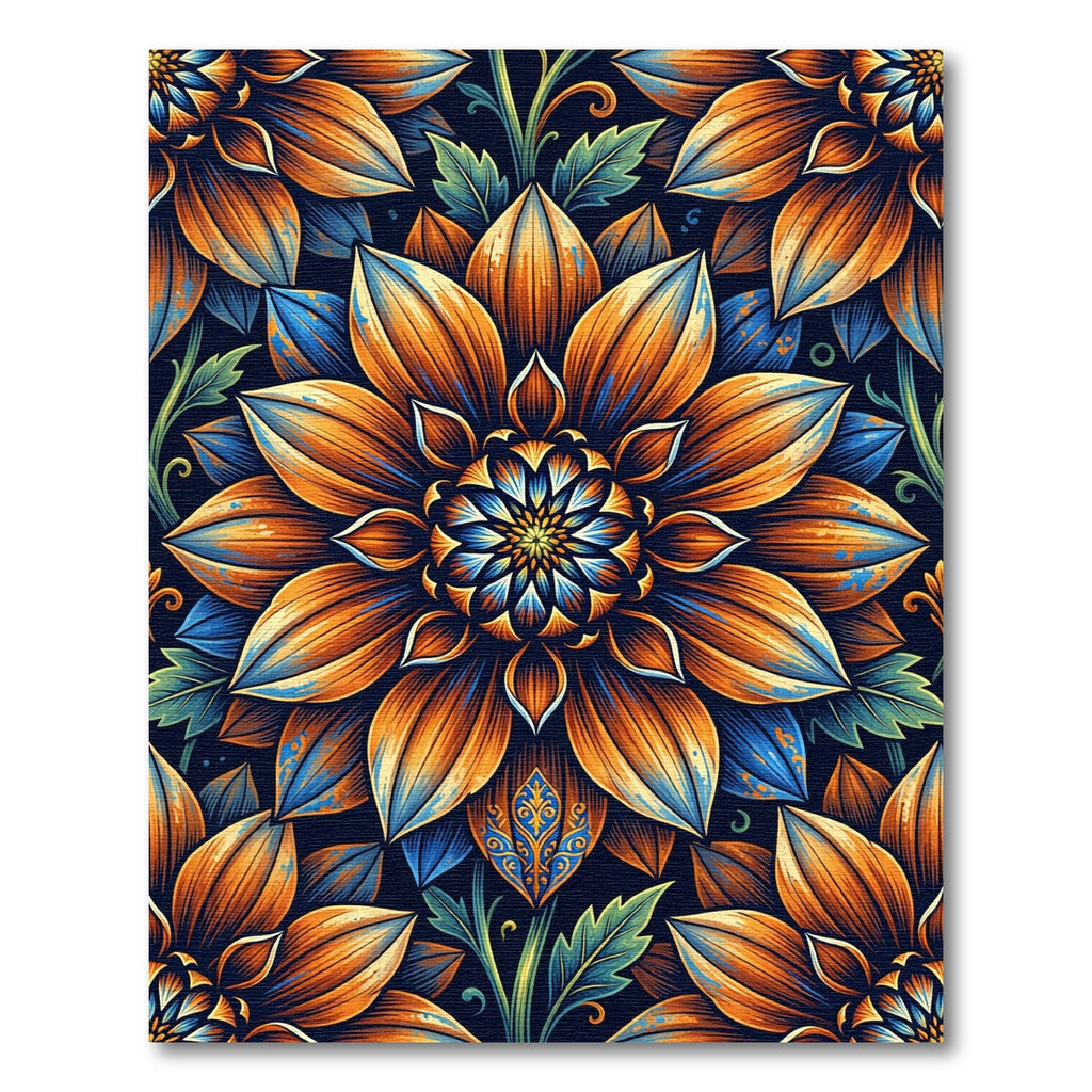 Orange Blue Floral Garden Medallion Rug