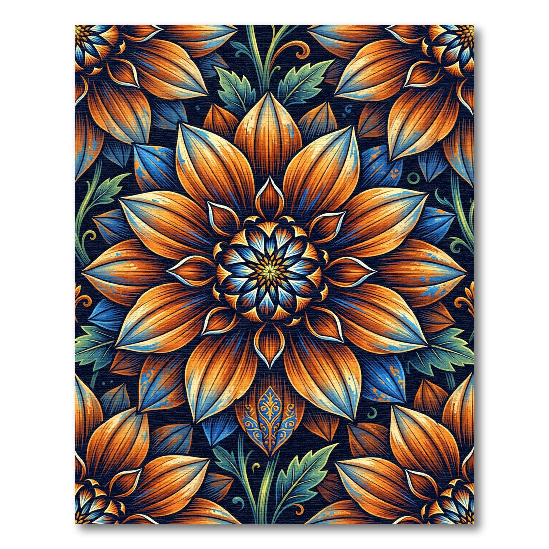 Orange Blue Floral Garden Medallion Rug