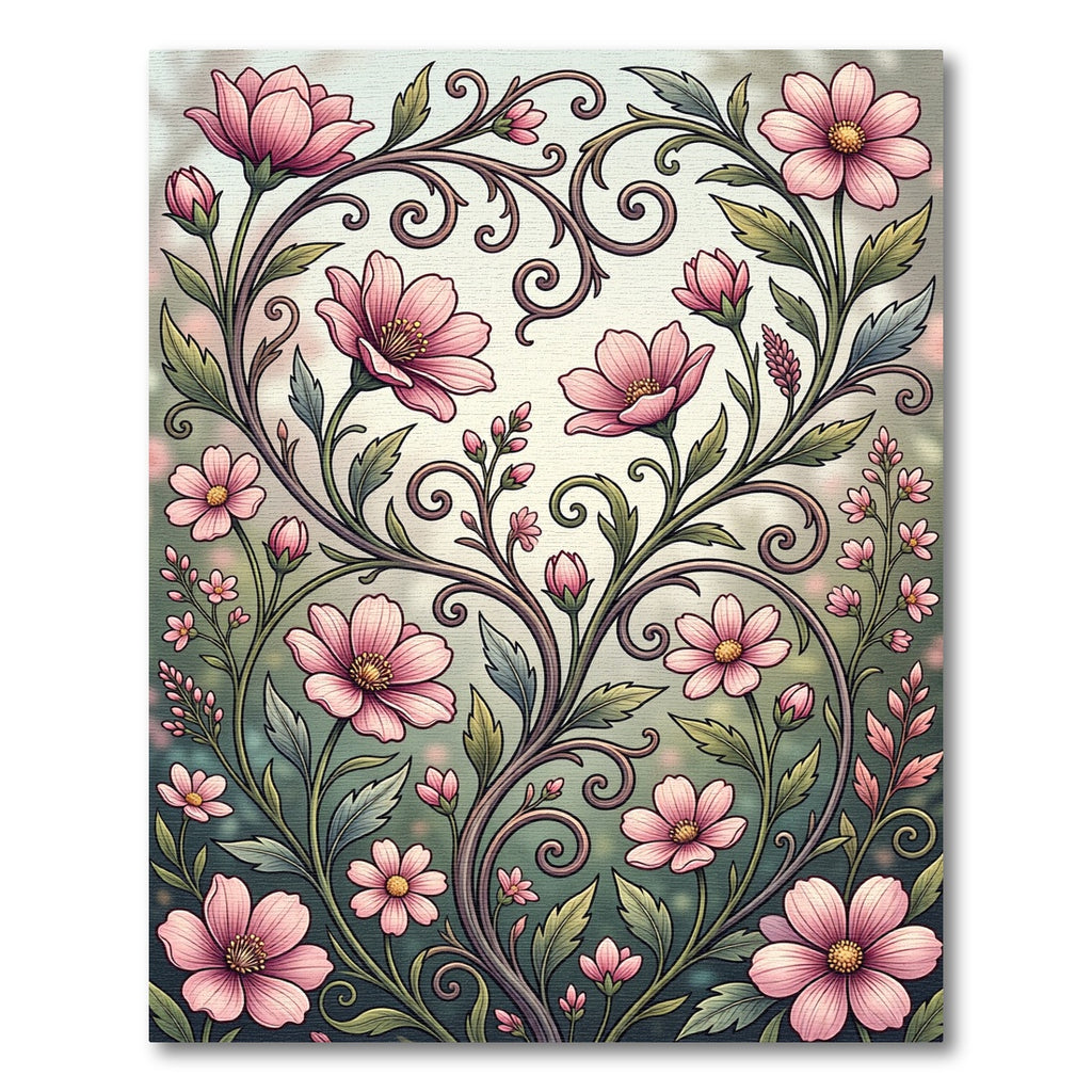 Elegant Pink Floral Scroll Area Rug
