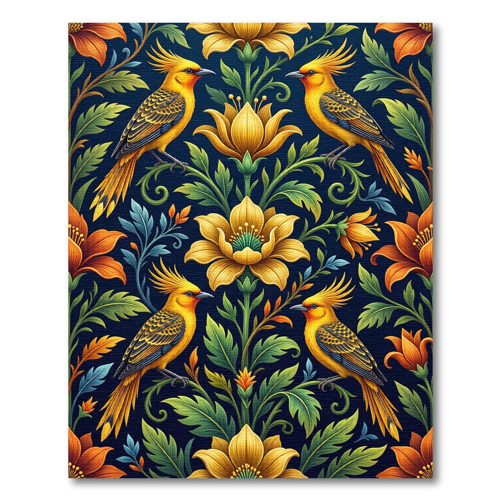 Golden Bird and Floral Botanical Art Rug