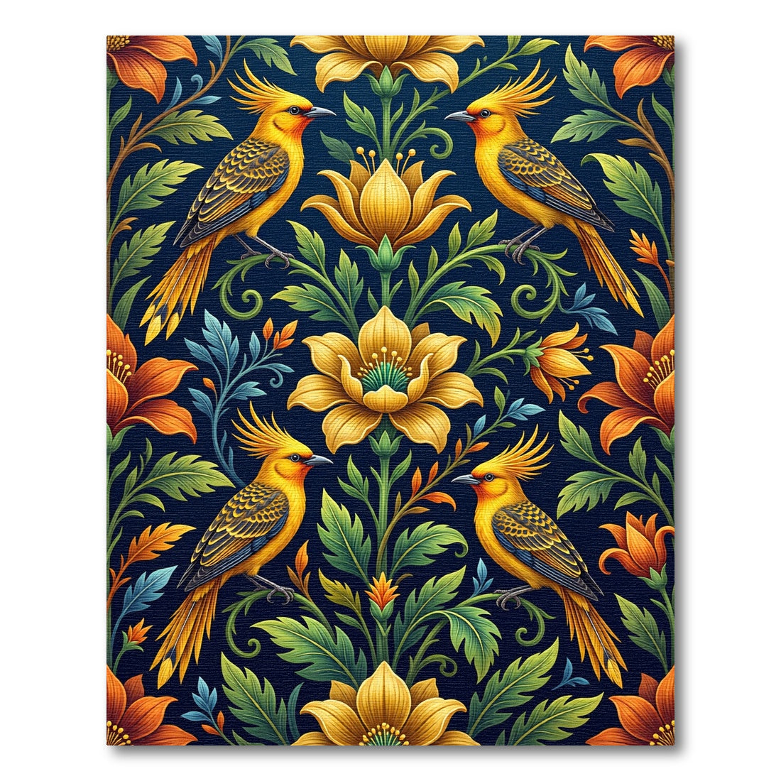 Golden Bird and Floral Botanical Art Rug