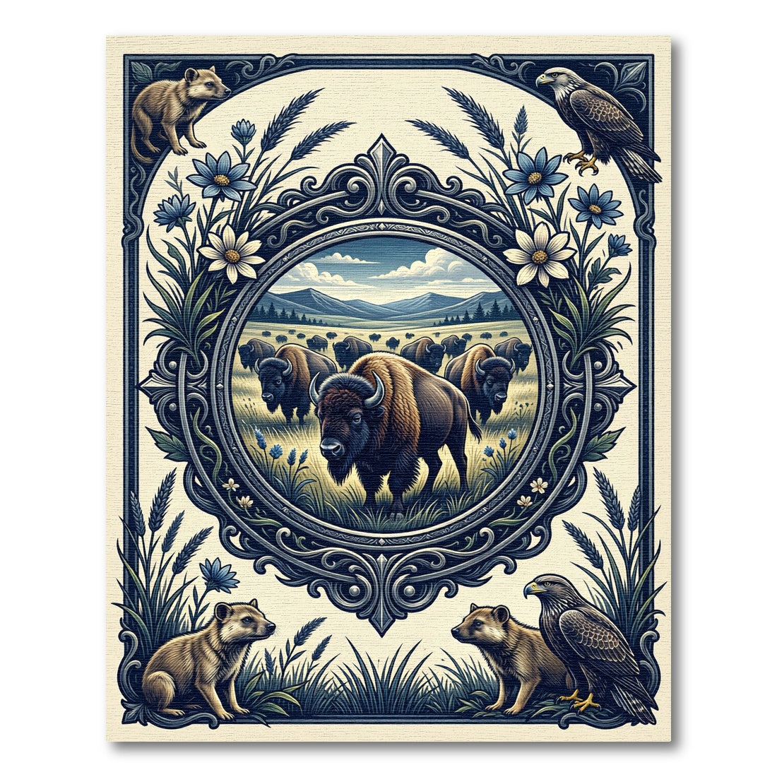 Western Bison Meadow Eagle Ink Illustration Rug