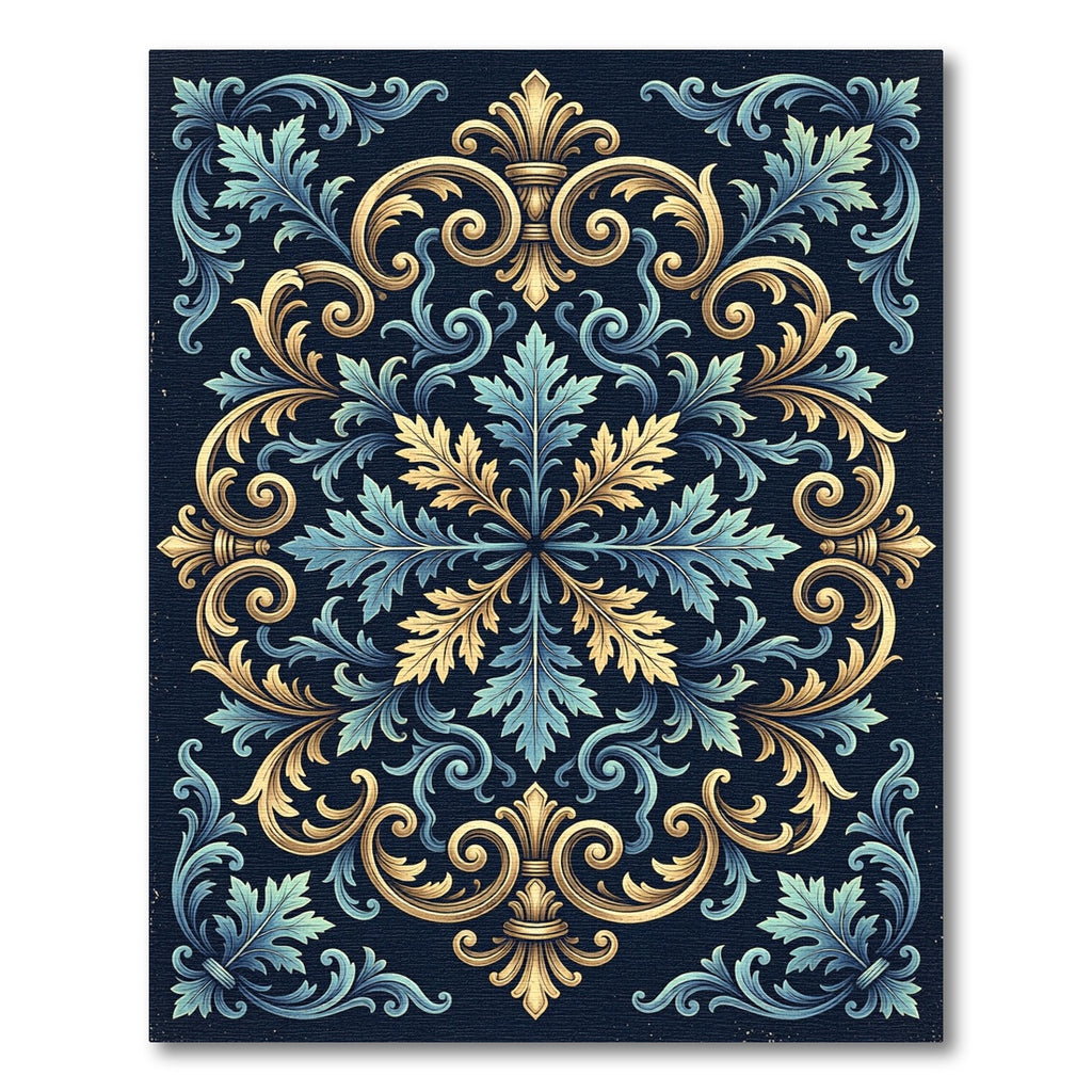 Ornate Golden Blue Acanthus Damask Rug