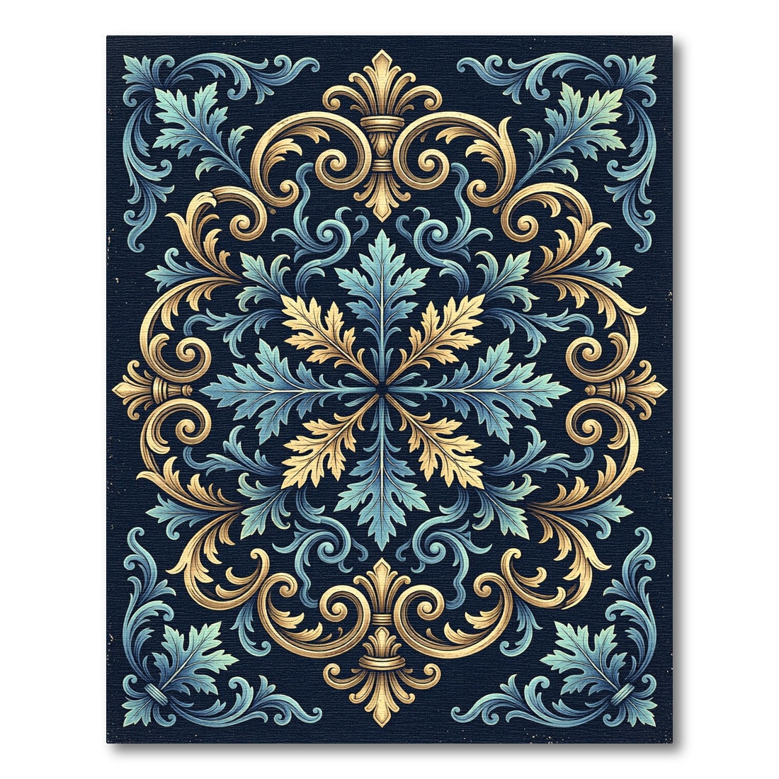 Ornate Golden Blue Acanthus Damask Rug