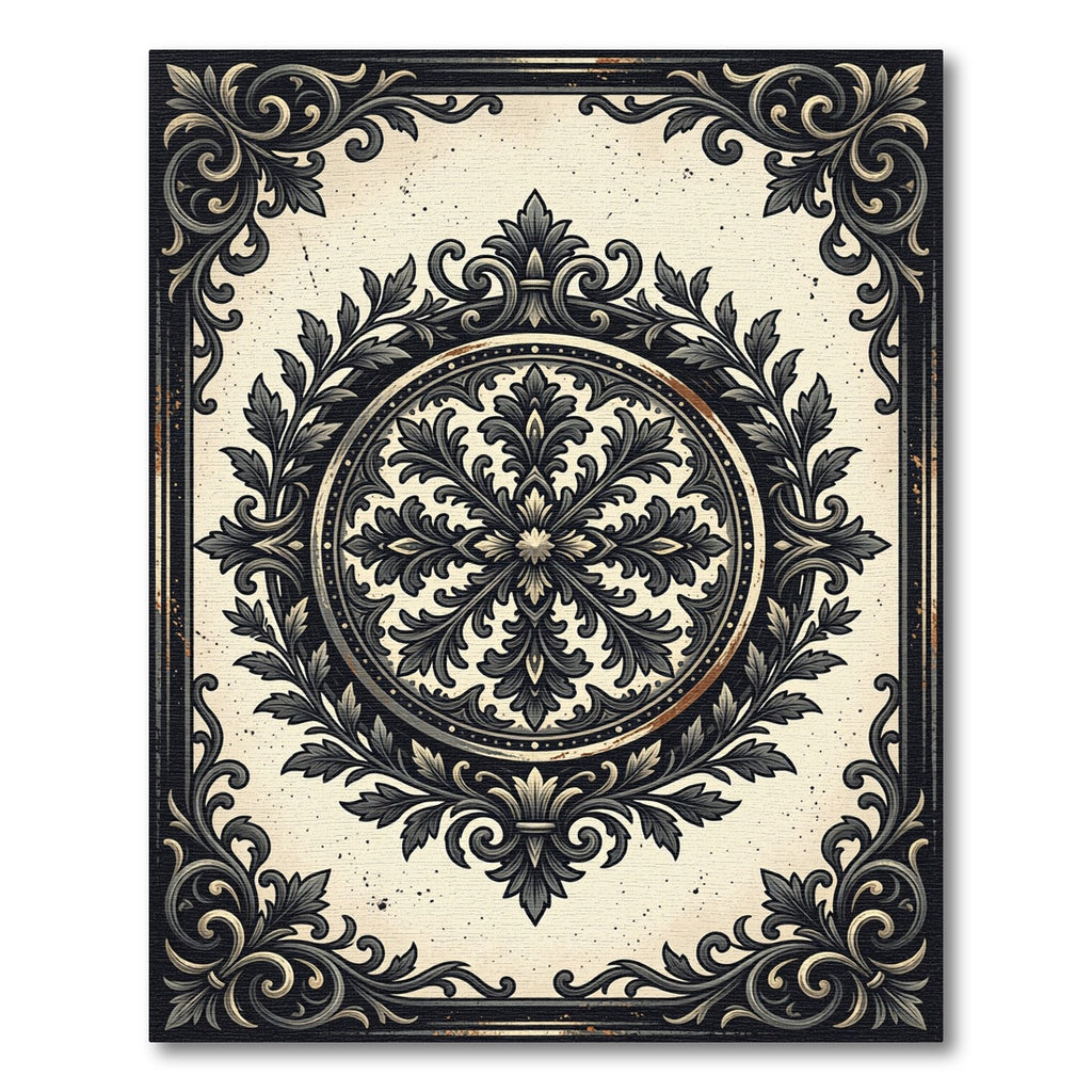 Classic Black Ivory Ornate Damask Medallion Rug