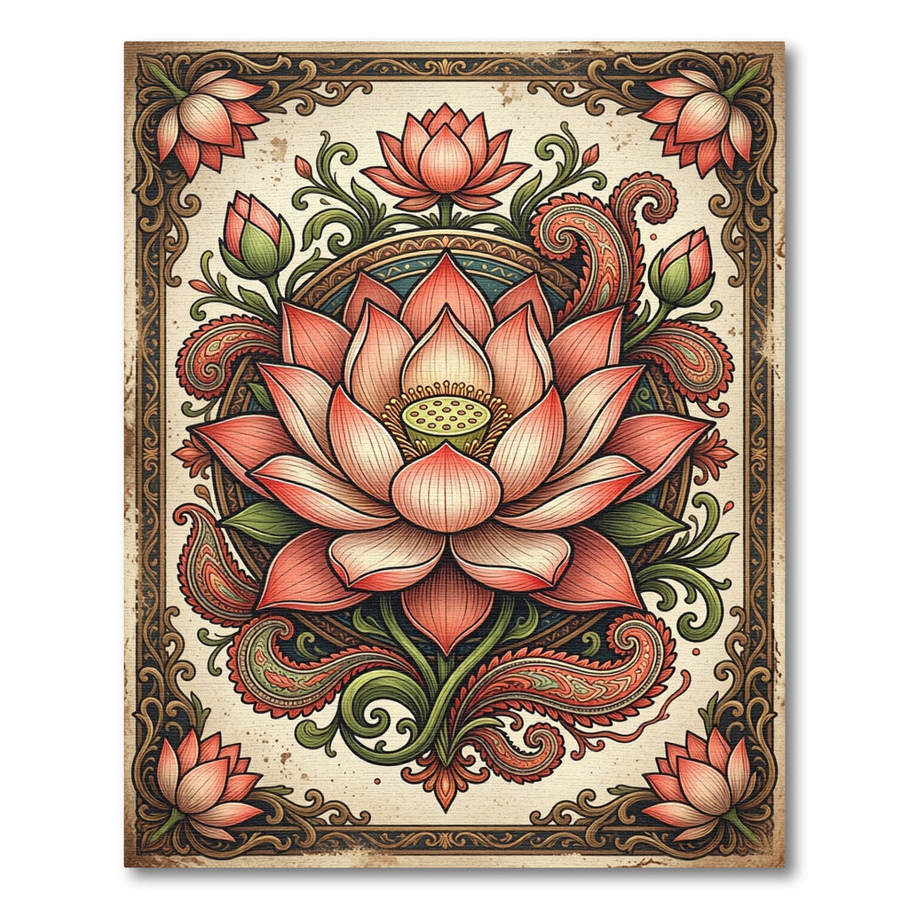 Ornate Pink Lotus Floral Paisley Square Rug