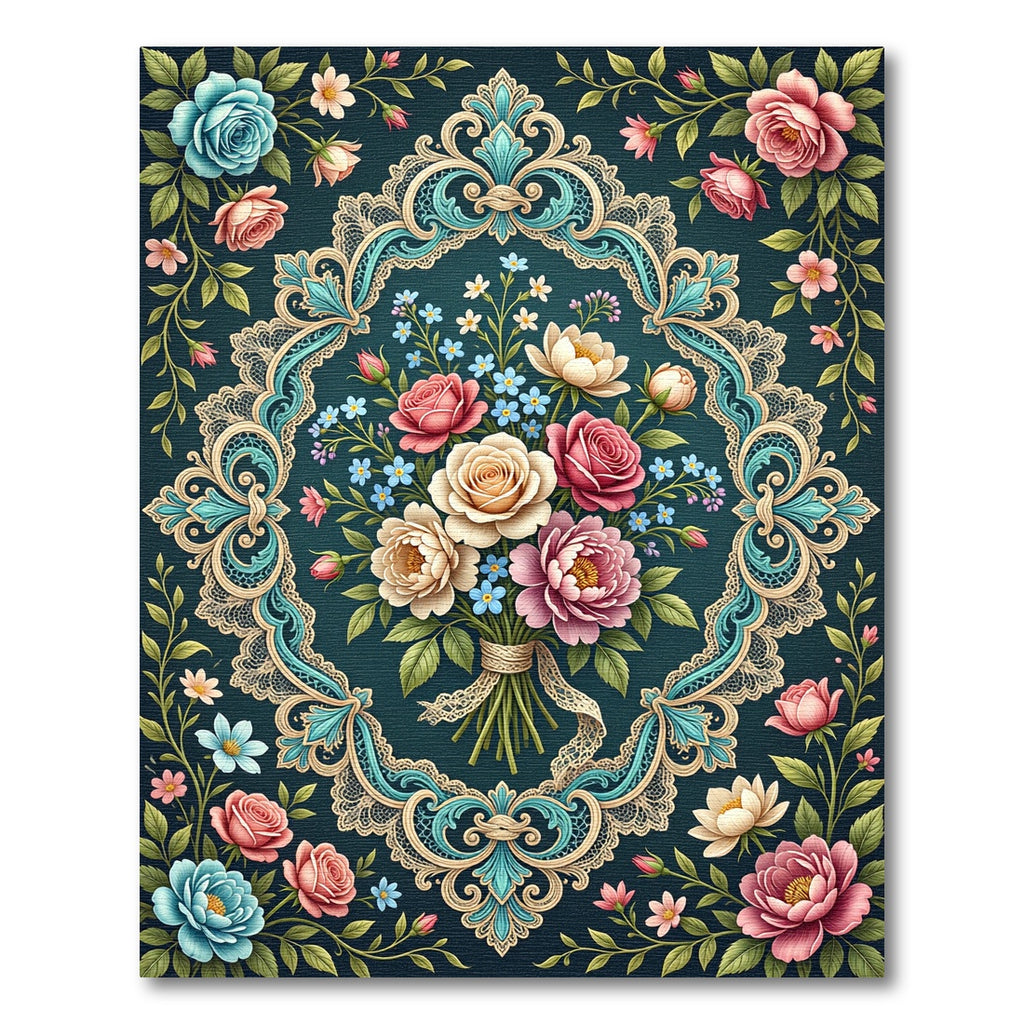 Ornate Blue Floral Bouquet Medallion Rug