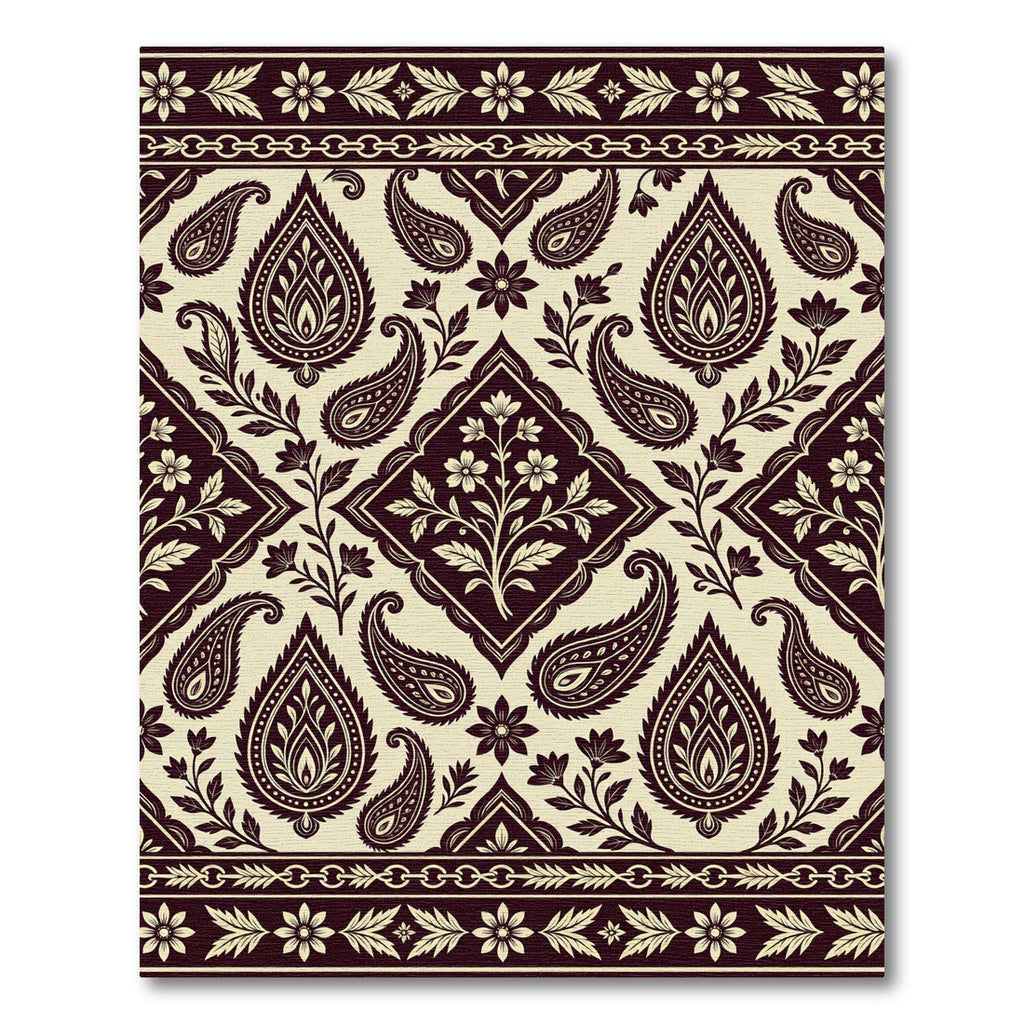 Deep Burgundy Paisley Floral Border Rug