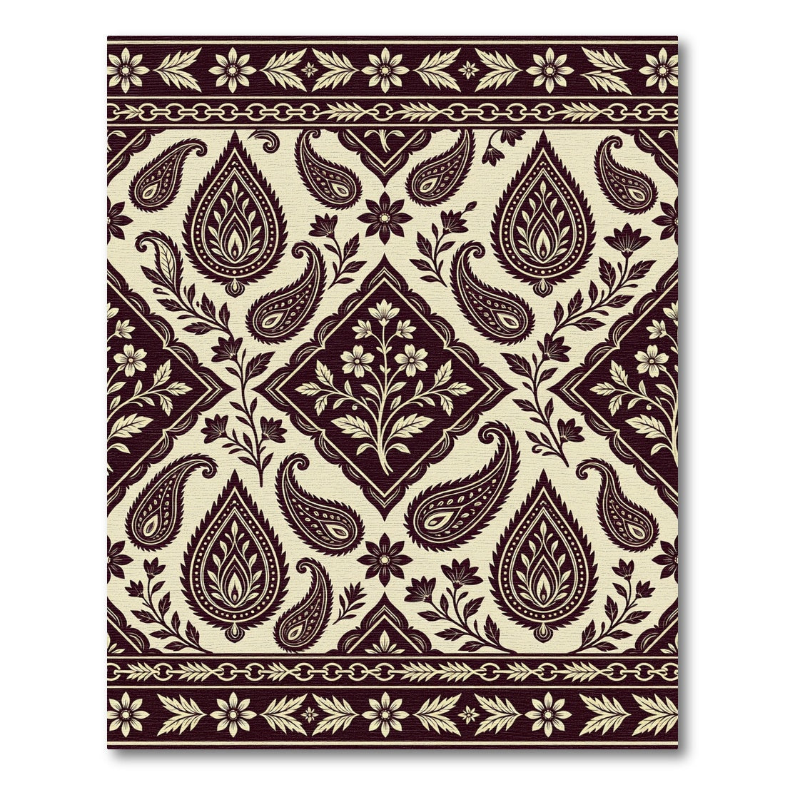 Deep Burgundy Paisley Floral Border Rug