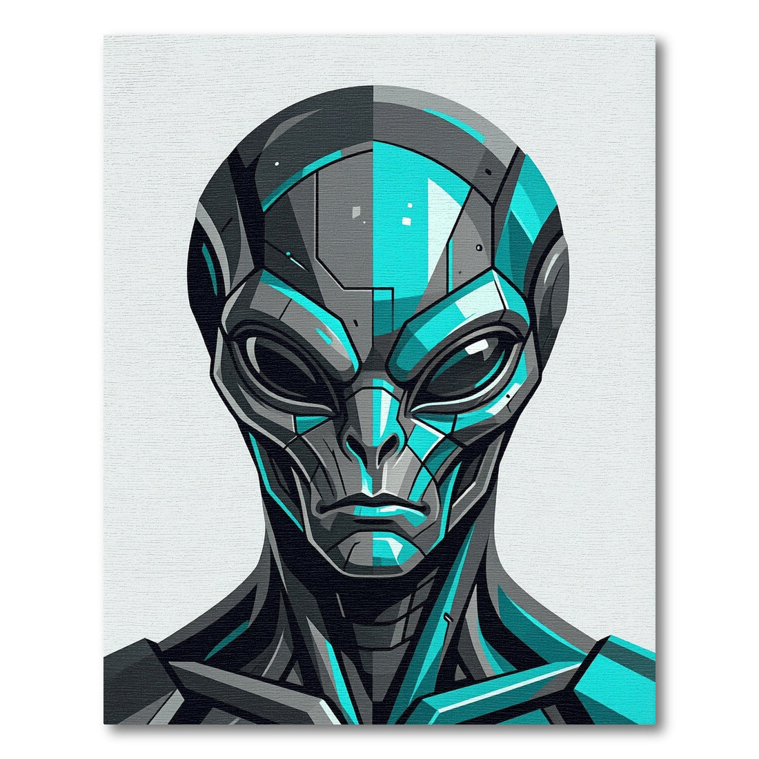 Futuristic Cybernetic Alien Portrait Teal Gray Rug