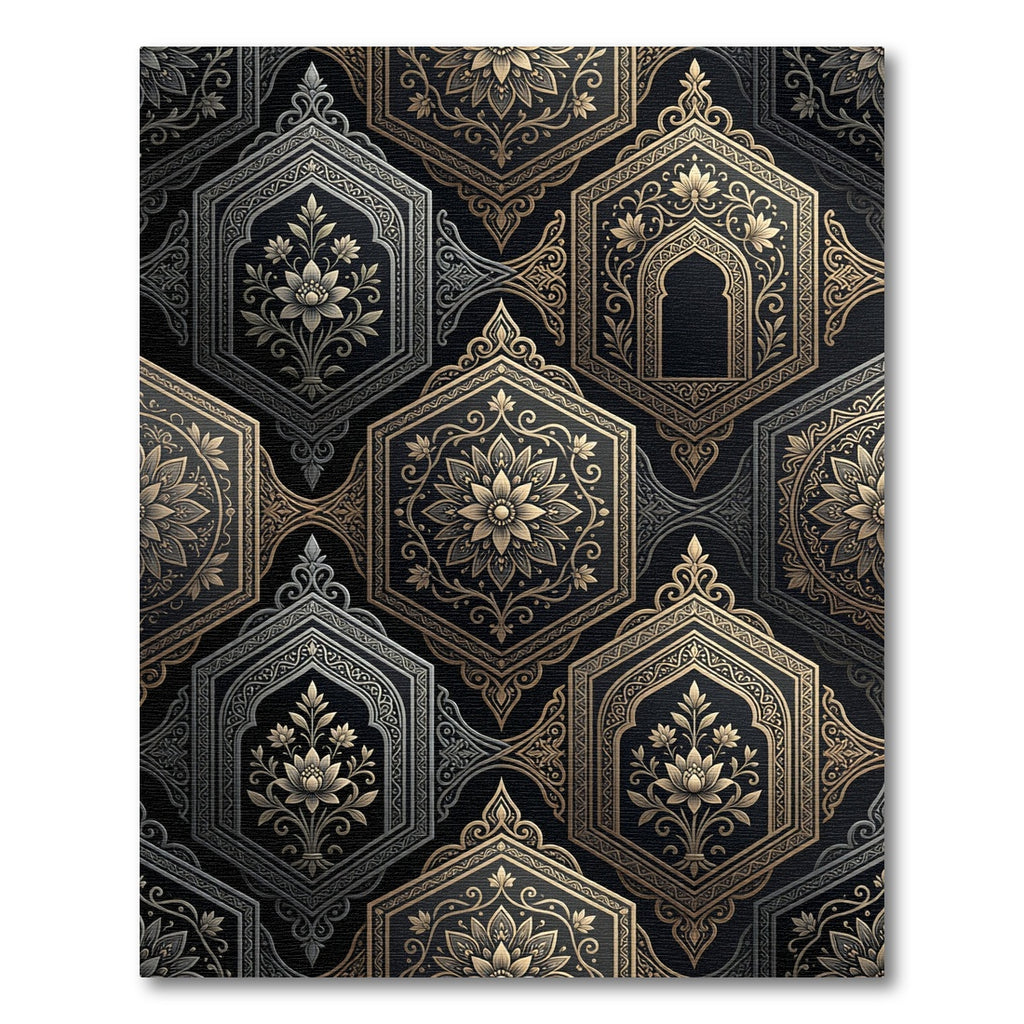Ornate Golden Hexagon Floral Arrangement Rug