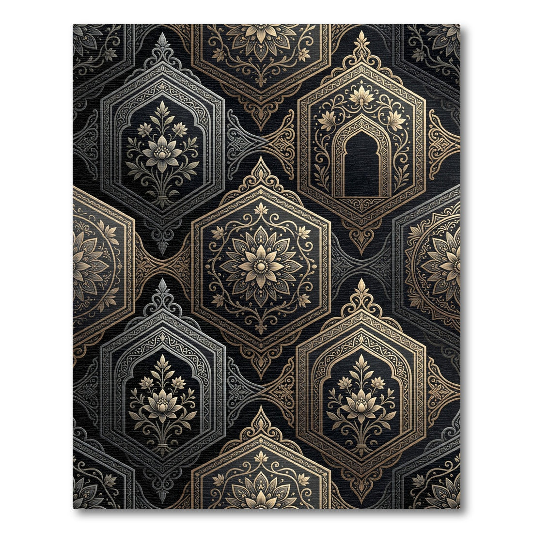 Ornate Golden Hexagon Floral Arrangement Rug