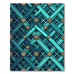 Teal Geometric Lattice with Golden Rosettes Rug