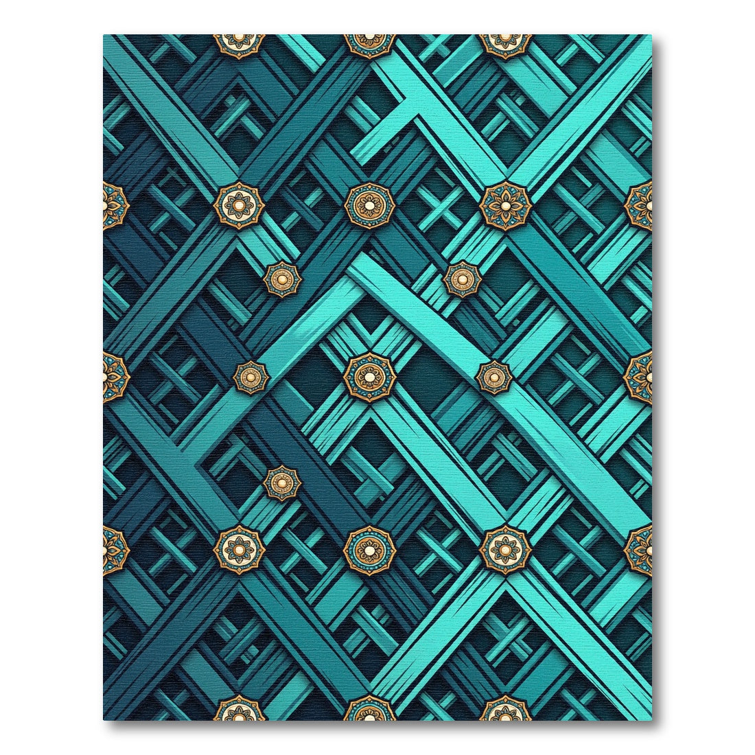 Teal Geometric Lattice with Golden Rosettes Rug