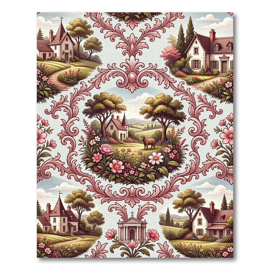 Ornate Rural Pink Chinoiserie Landscape Rug