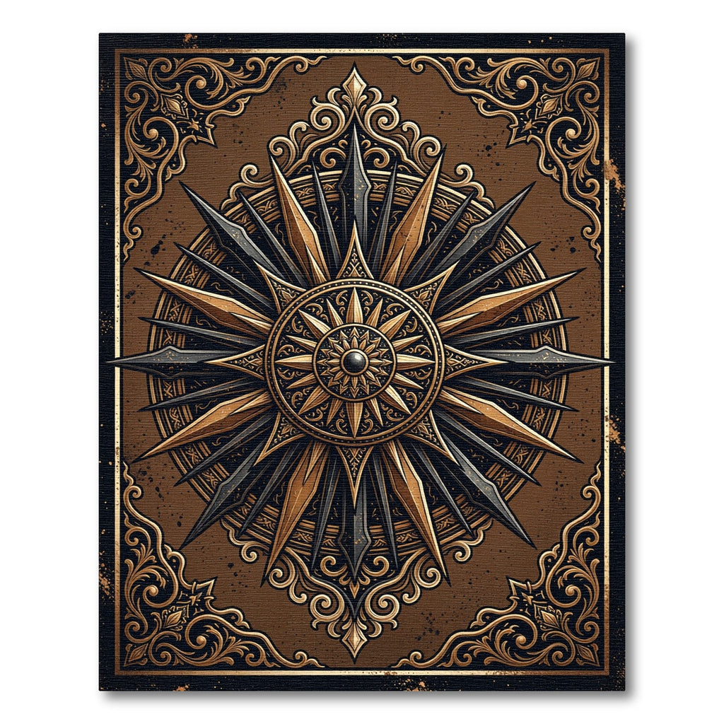 Ornate Bronze Compass Star Medallion Rug