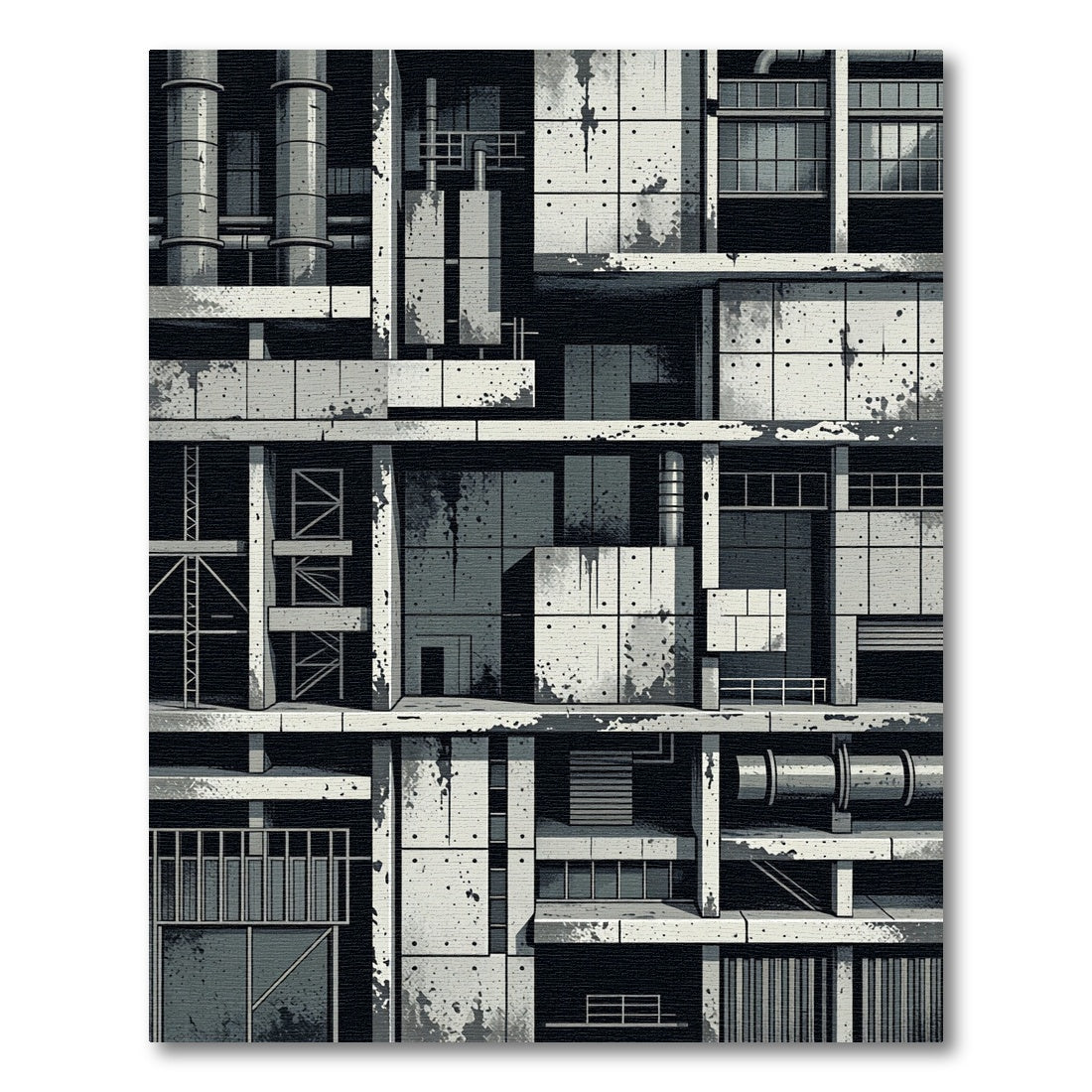 Industrial Concrete Grayscale Geometric Structure Rug