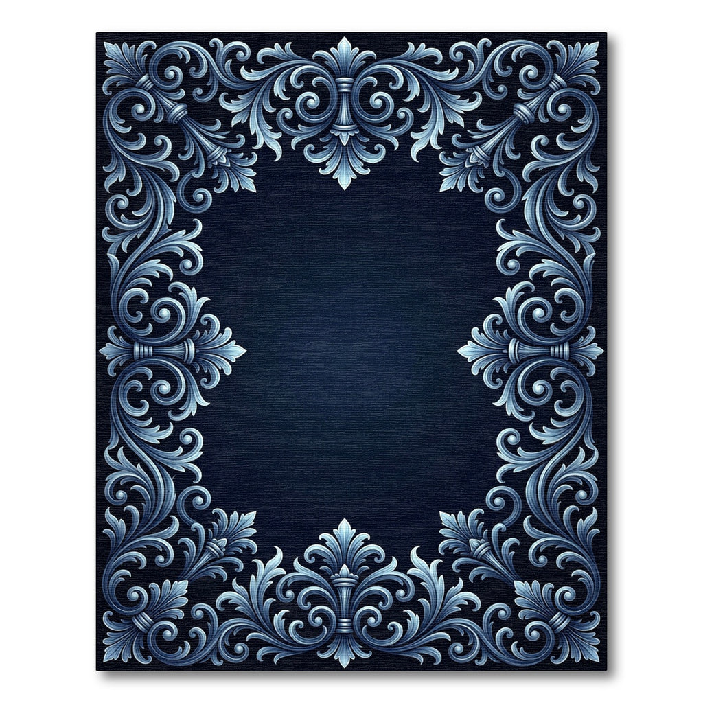 Elegant Dark Blue Acanthus Scrollwork Frame Rug