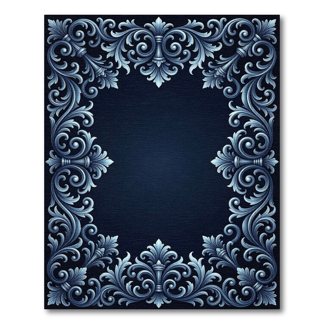 Elegant Dark Blue Acanthus Scrollwork Frame Rug