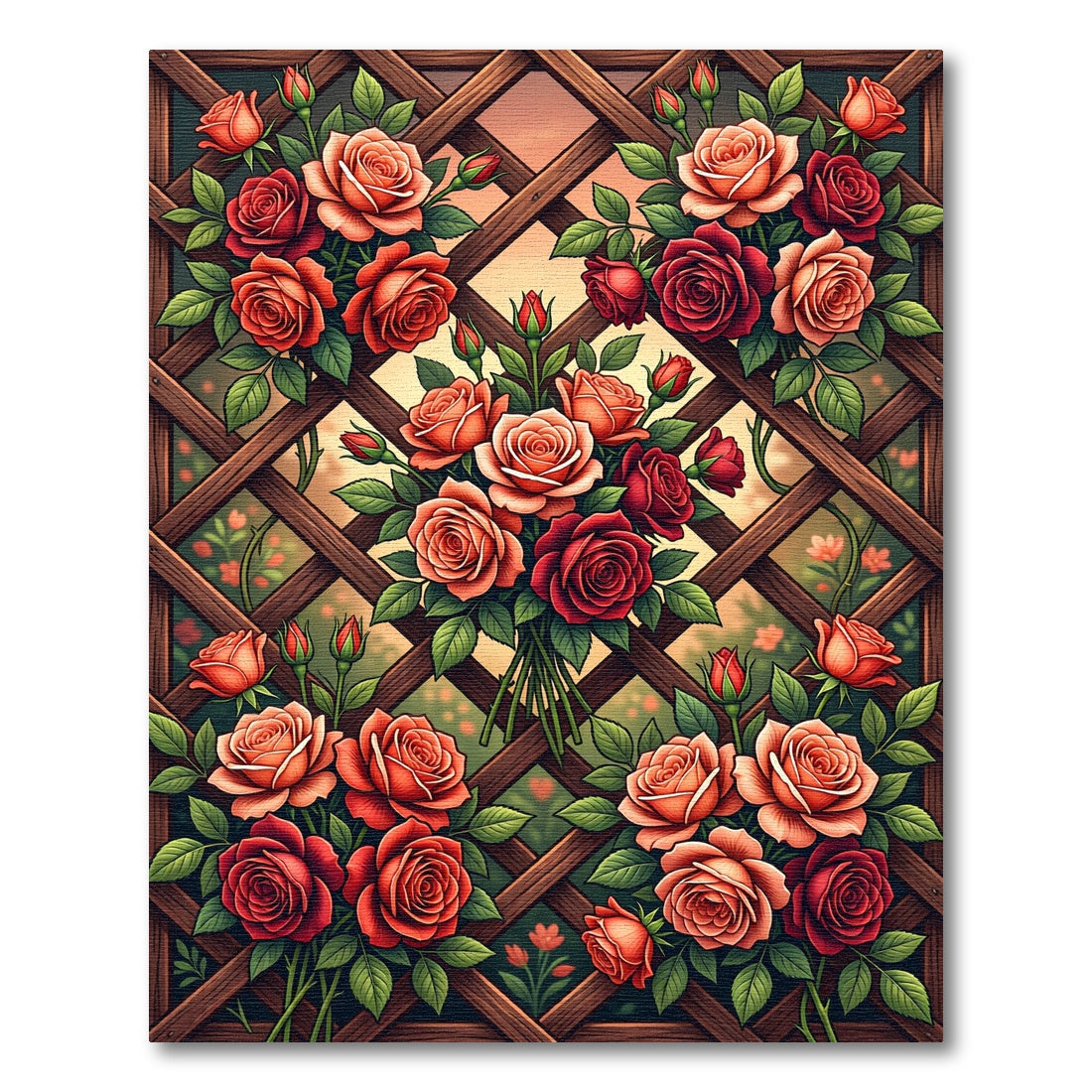 Garden Lattice Red Coral Roses Rug