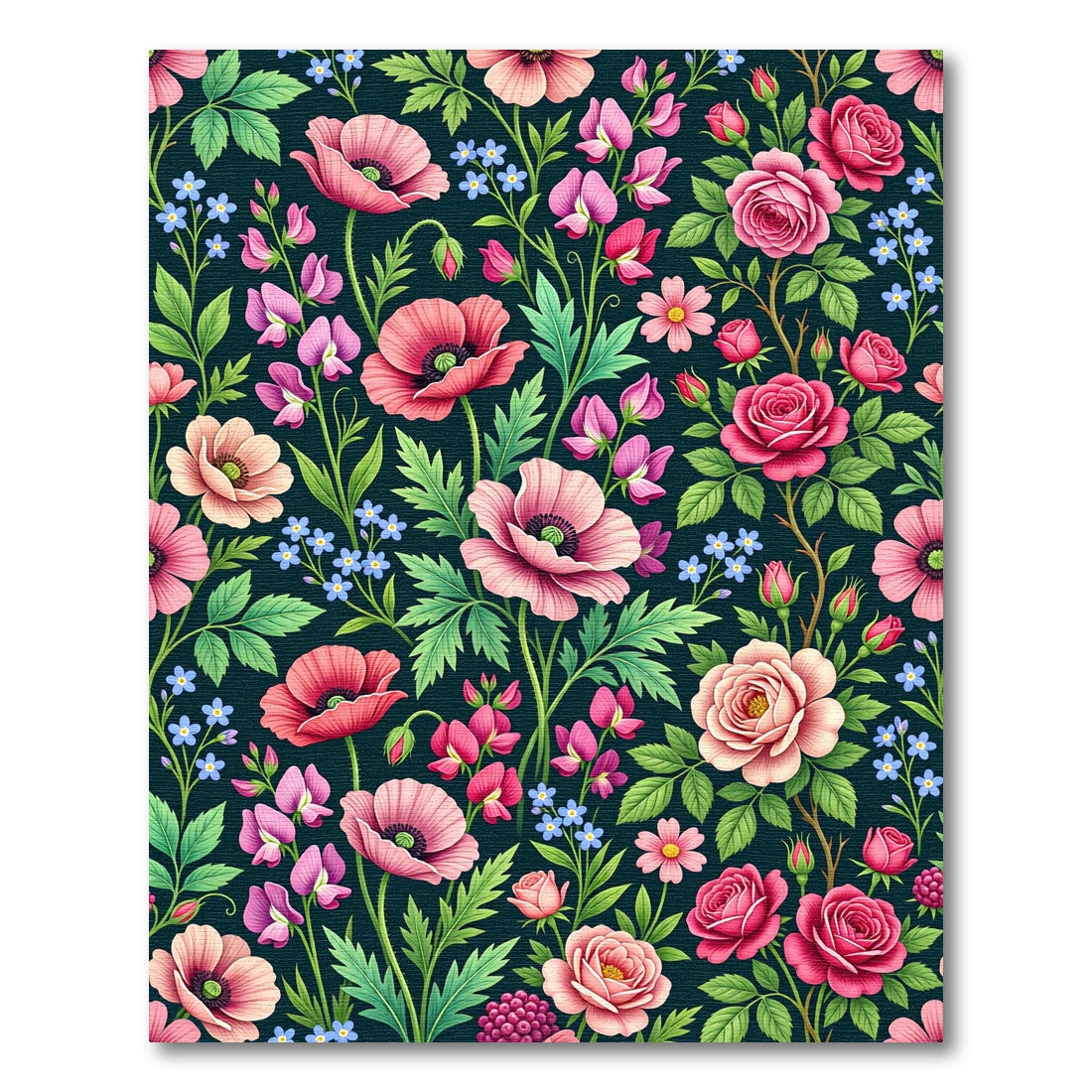 Vibrant Rose Poppy Sweet Pea Floral Rug