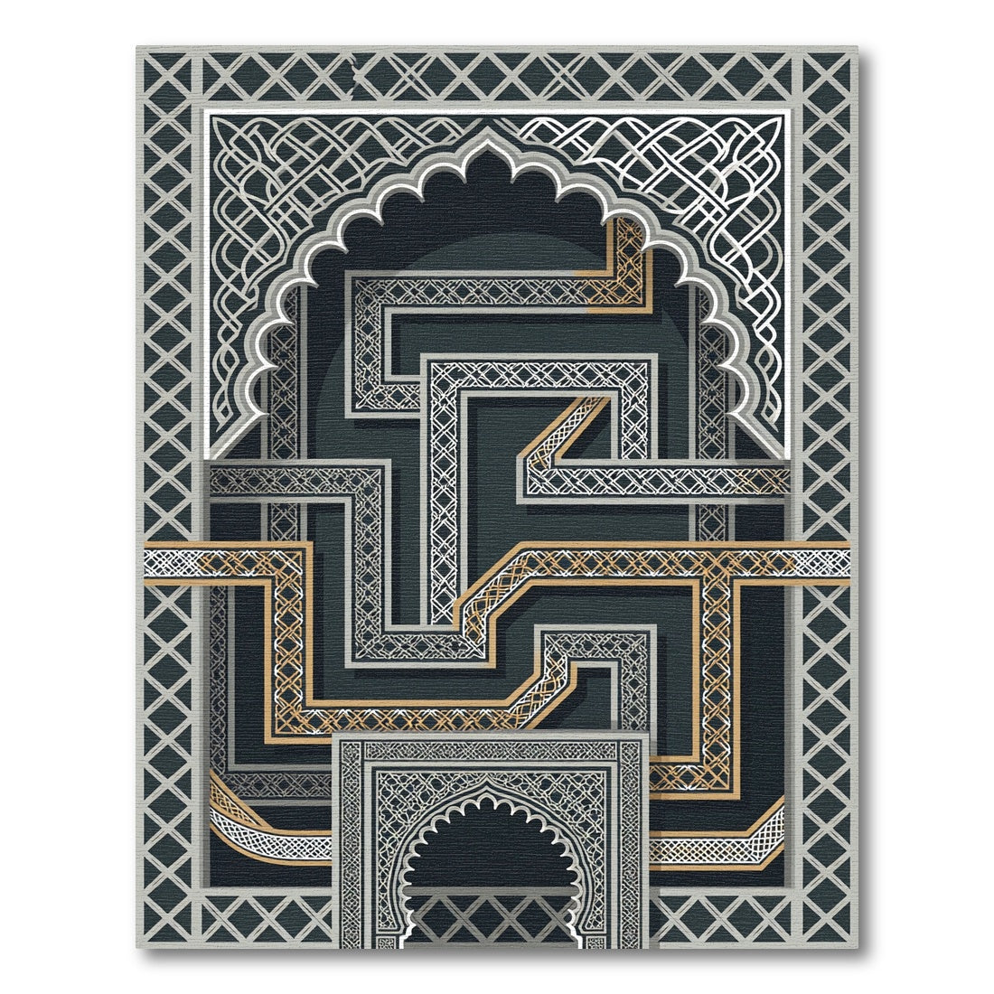 Dark Arched Geometric Gold Maze Rug