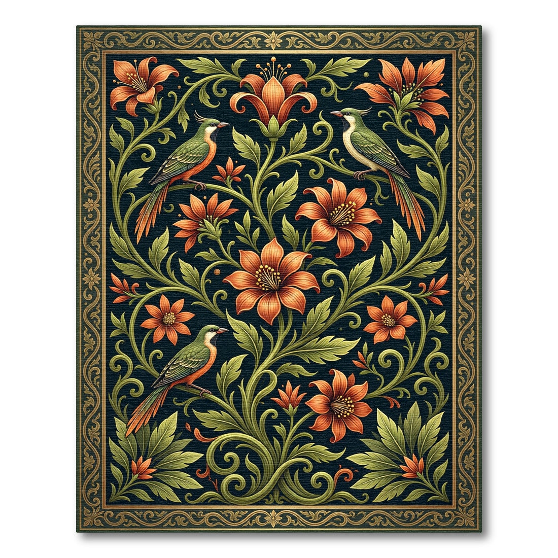 Ornate Emerald Green Floral Birdscape Rug