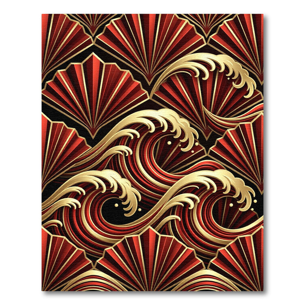 Crimson Gold Fan Wave Composition Rug