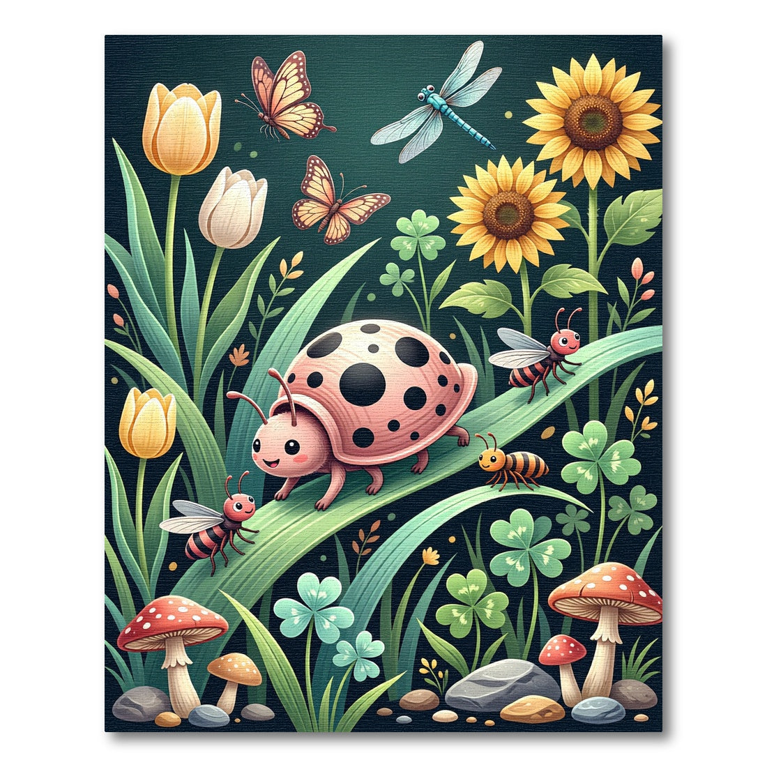 Whimsical Ladybug Garden Butterfly Dragonfly Rug