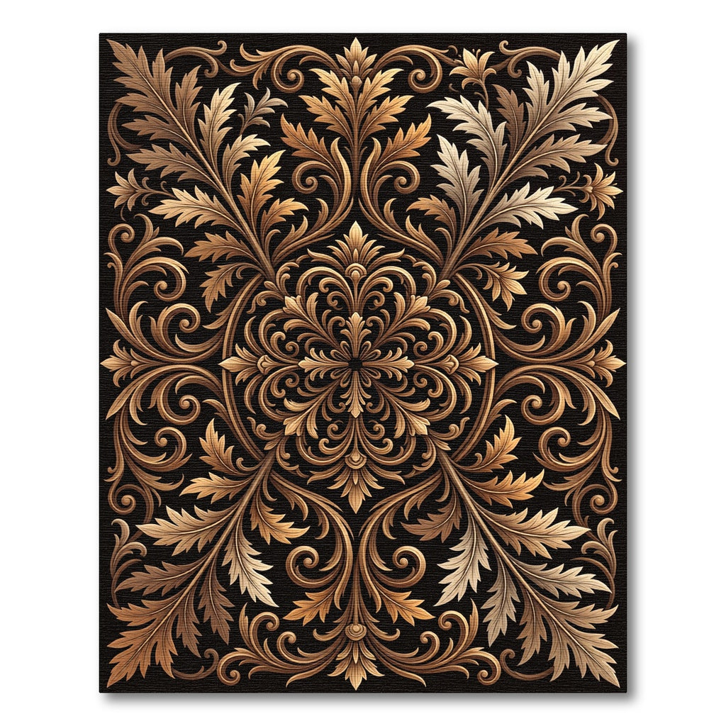 Ornate Gold Acanthus Leaf Scrollwork Rug