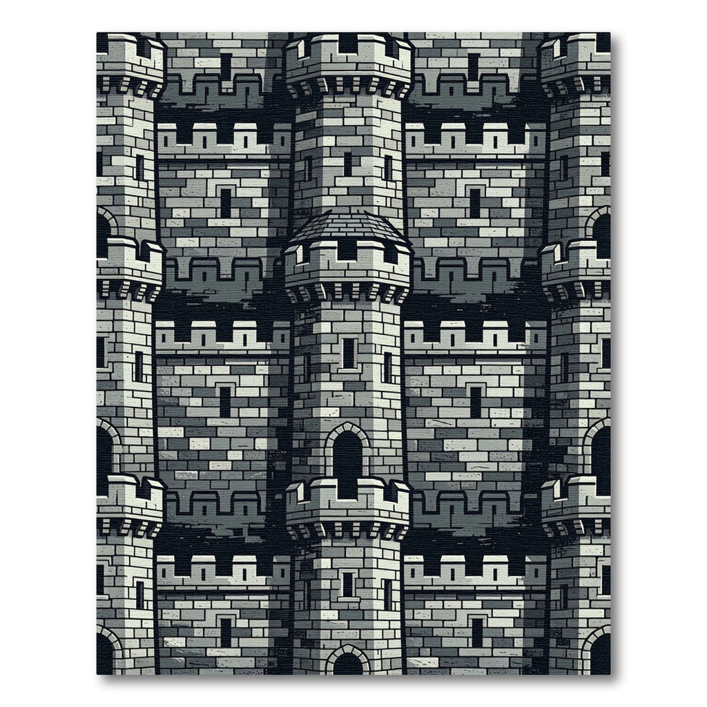 Monochrome Stone Fortress Tower Grid Rug