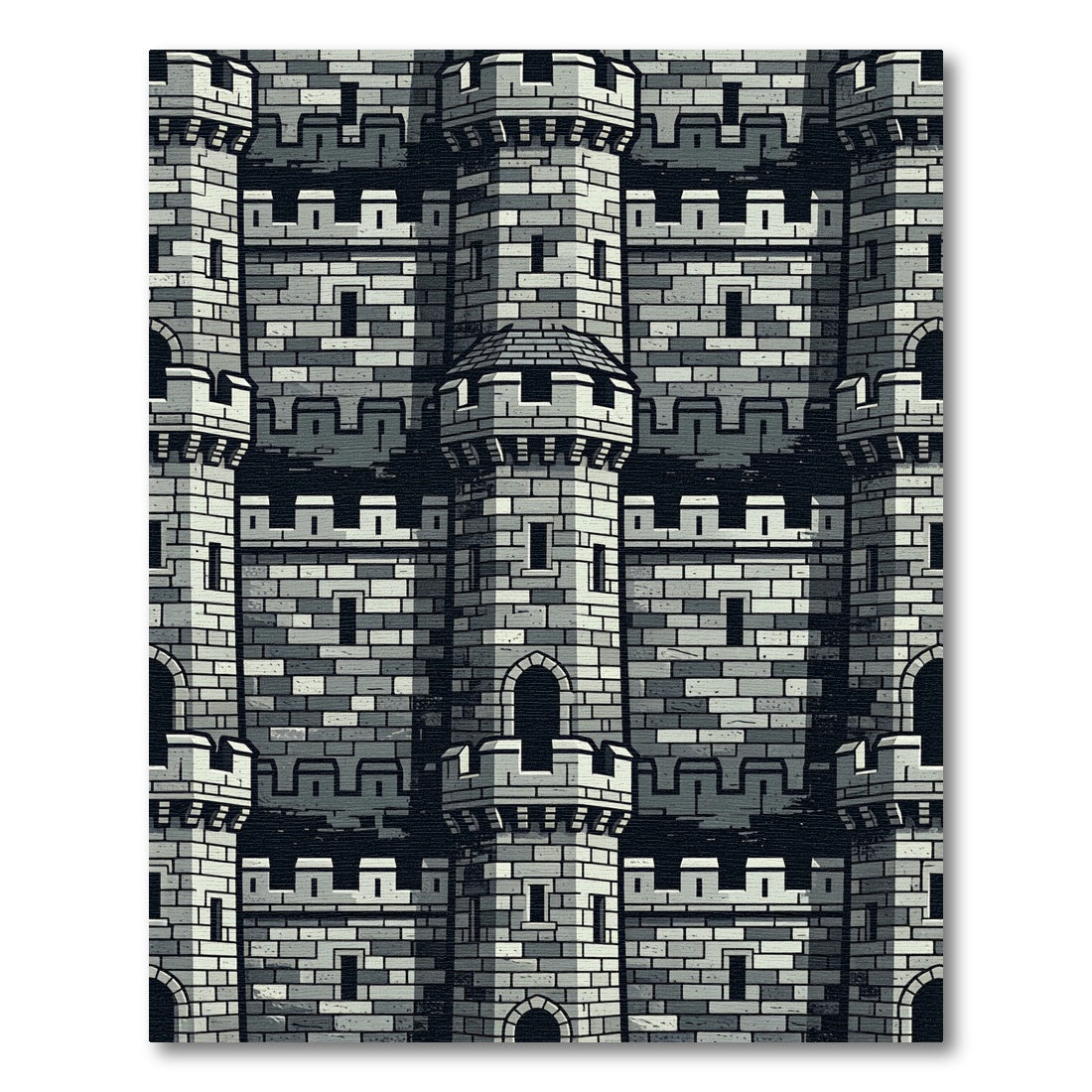 Monochrome Stone Fortress Tower Grid Rug