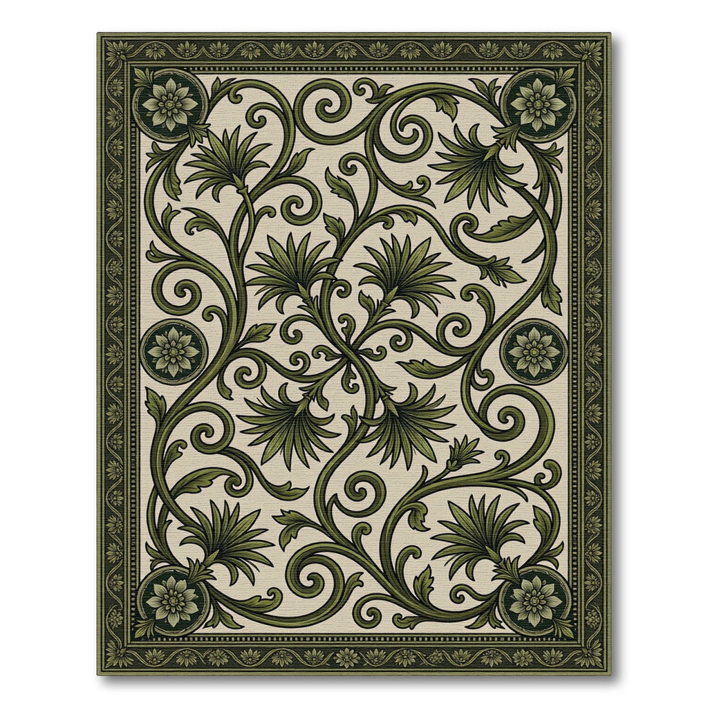 Green Scrollwork Floral Garden Rug