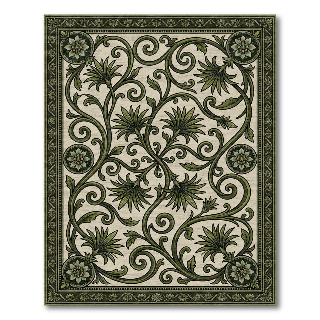 Green Scrollwork Floral Garden Rug