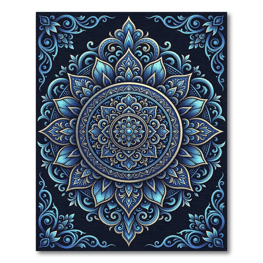 Intricate Blue Golden Mandala Floral Rug