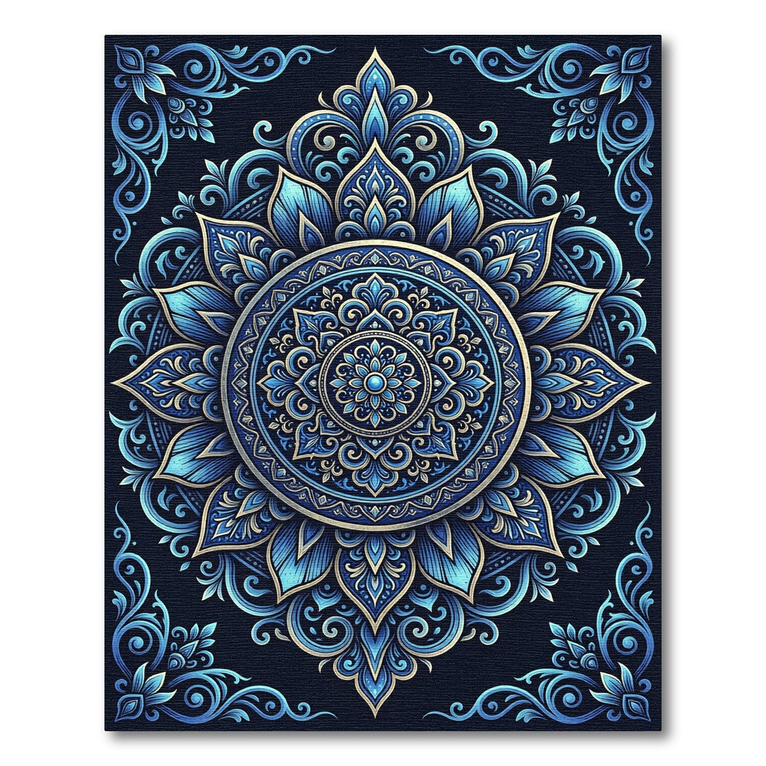 Intricate Blue Golden Mandala Floral Rug