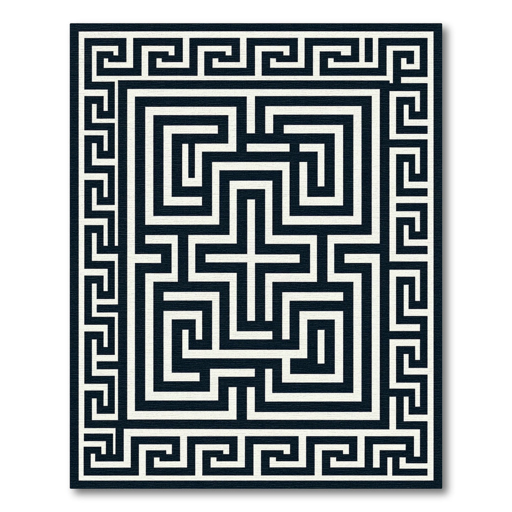 Black White Geometric Maze Border Rug
